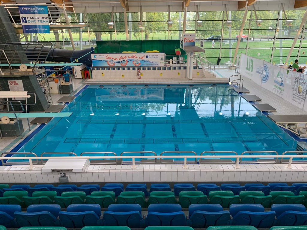 Cambridge's Parkside diving pool showing 1metre, 3 metre and 5 metre boards